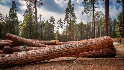 Fallen Tree Trunks Felled In A Forest By Storm Ciaran California Pine Bark Blurred Background