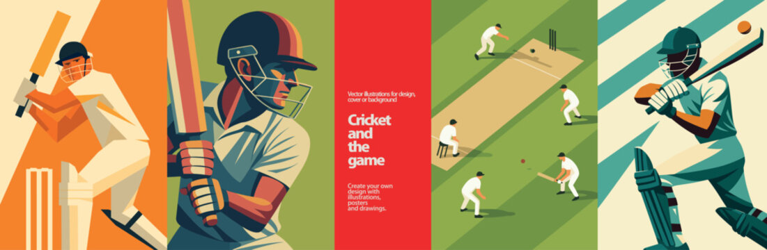 Dynamic Cricket Game & Player Vector Art Set. Modern vector illustrations capturing the essence of cricket. Features players (batsman, fielders), pitch, bat, ball in vibrant, flat