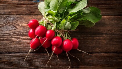 Fresh Radish And Leaves On A Background Of Wood Healthy Vegetable Farm Food