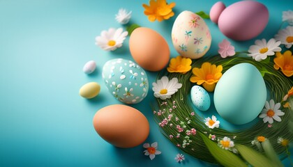 Happy Easter Congratulatory Easter Background Easter Eggs And Flowers Background With Space For Copying Selective Focus