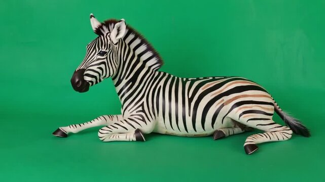 African Zebra Resting and Lying Down on Green Screen Background