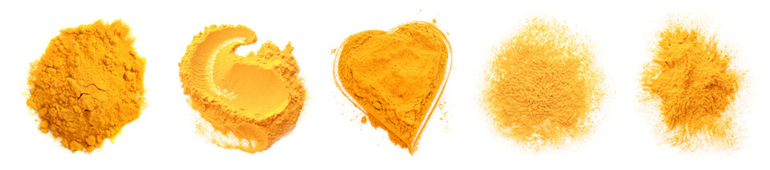 Set of aromatic turmeric powder on white background, top view © Pixel-Shot