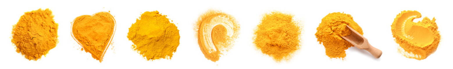 Set of aromatic turmeric powder on white background, top view © Pixel-Shot