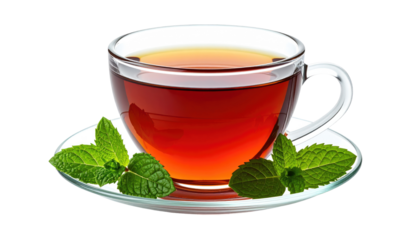 Clear teacup filled with amber liquid, adorned with fresh mint leaves on a glass saucer, isolated on a transparent backdrop