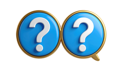 Two blue question marks, framed in gold circles, linked together, isolated on a dark backdrop