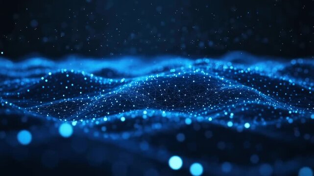 Dynamic low-angle video of glowing blue digital waves, creating a futuristic tech vibe. Live desktop wallpaper.