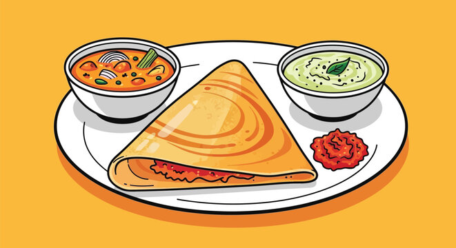 A delicious Indian dosa with sambar and chutney on a plate