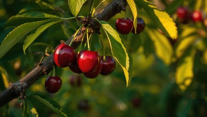 Obraz premium Juicy red cherries on the tree waiting to be harvested