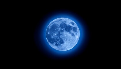 Fototapeta premium Blue Super Moon Glowing With Blue Halo Isolated On Black Background