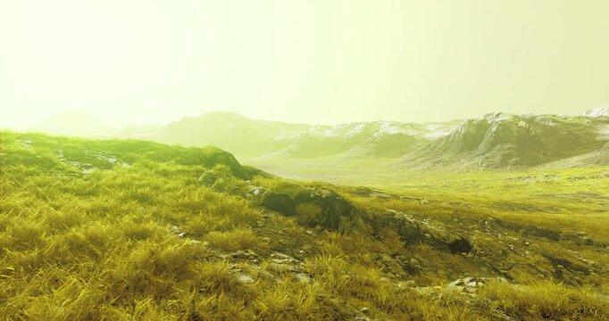Expansive terrain features vibrant green grass interspersed with rocky formations, illuminated by a warm yellow glow, hinting at twilight. Hills rise softly in the background.