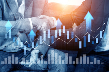 Two professionals engage in a handshake, symbolizing partnership and growth in business, with financial graphs overlaying the image, representing success and strategy. Scalp