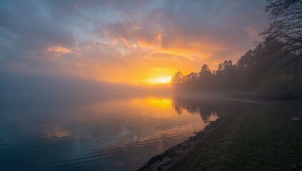 Obraz premium Lake at sunrise with clouds