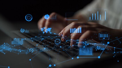 Close-up view of hands typing on a laptop keyboard, surrounded by visual data graphics. This image represents technology, analytics, and modern digital communication. Xenic