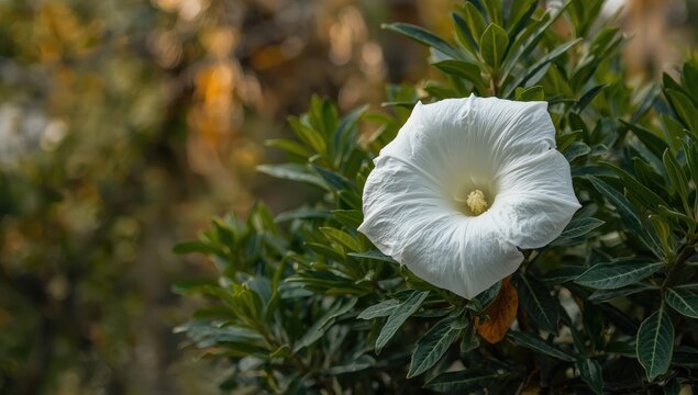 Large white Shoeblack flowers bloom among dense leaves in Chakwal, Punjab, Pakistan