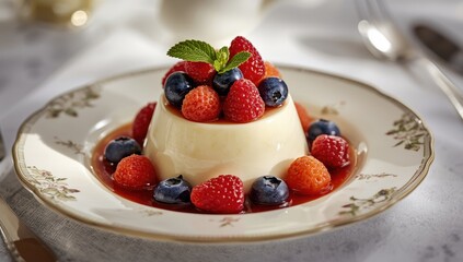 Lavish vanilla cream dessert adorned with colorful berries on a decorative dish