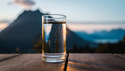a glass filled with water on a table with a mountain background