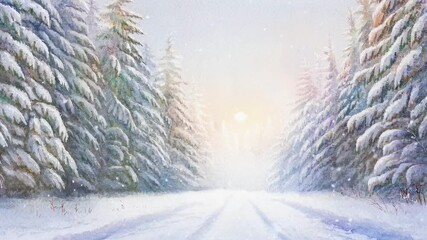 A serene winter forest landscape with snow-covered trees, captured from a low angle, ideal for a tranquil video backdrop. Live desktop wallpaper.