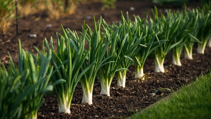 Obraz premium Leek plants thrive in vibrant green