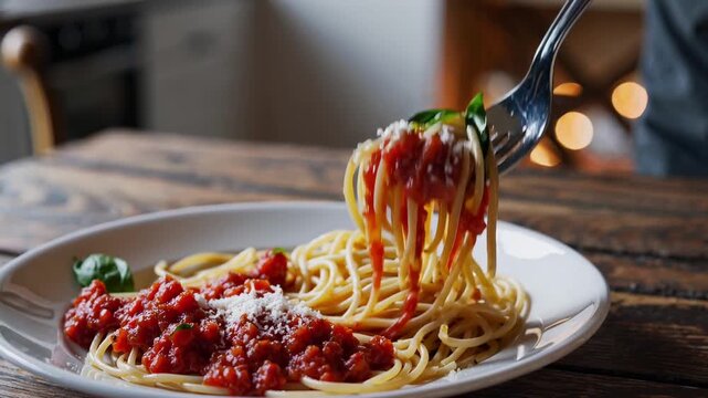 Close-up video of a fork lifting spaghetti with tomato sauce, shot at eye level. Rustic, cozy style with a warm, inviting atmosphere.