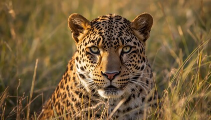 Leopard gazing through high grass