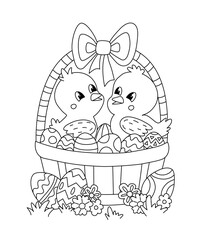 Coloring book page for Easter. Two chicks sitting in a basket full of painted Easter eggs.
