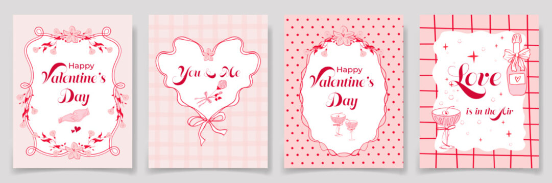 Valentine Coquette Greeting Card Set with hand drawn frames, hearts, flowers, wine, typography quotes. Whimsical Soft pink design for Valentines day, Wedding, poster, love message, social media posts