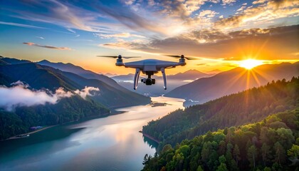 A photo of a drone flying over a vast natural landscape