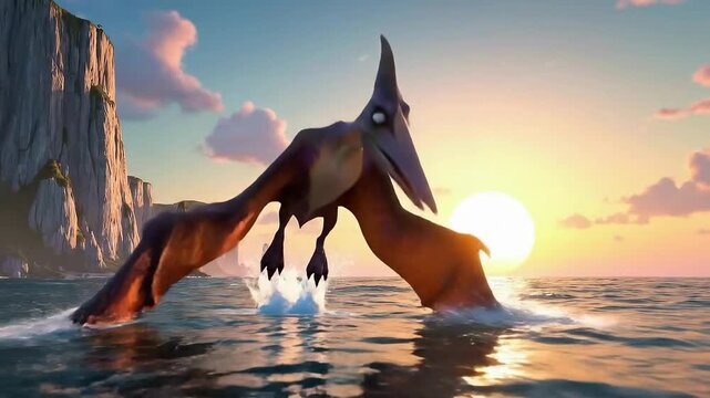 Pterodactyl flying over ocean sunset