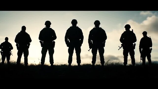 Soldiers silhouette against bright sky backdrop