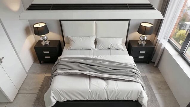 Bright Minimalist Bedroom with White Bedding and Soft Lighting.