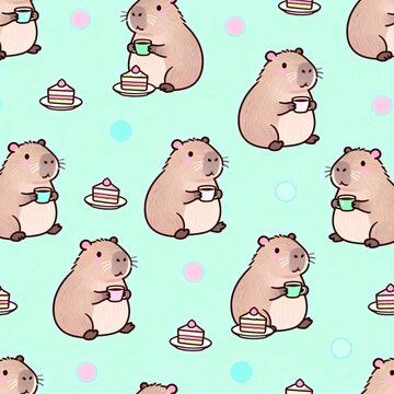 Cute capybaras with a cup of coffee and cake slice seamless pattern