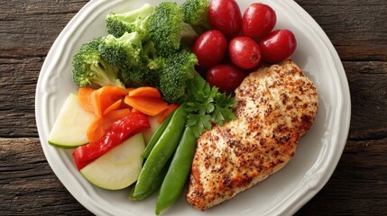 Healthy Grilled Chicken Breast Served with Fresh Vegetables and Fruits on a Rustic Wooden Table, Ideal for Healthy Eating, Nutrition, and Meal Prep Concepts
