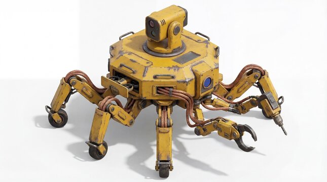 Detailed 3D render of a weathered yellow multi-legged industrial robot equipped with a surveillance camera, claw, and drill, against a white background.