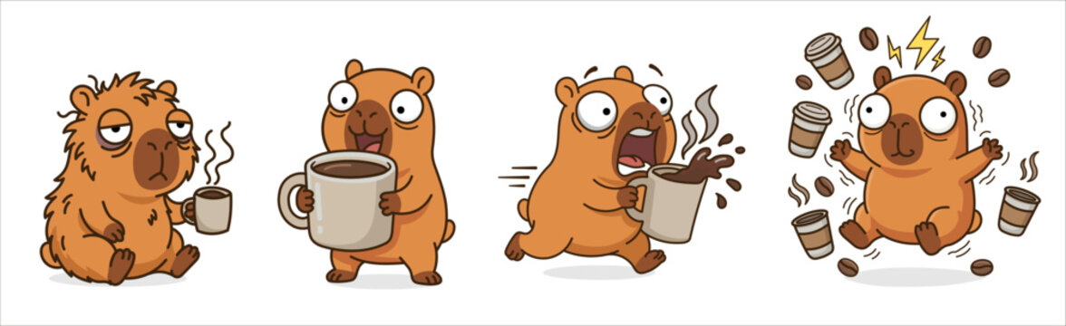 Set of funny capybara coffee stickers cute character showing stages from tired morning to hyper energy caffeine rush kawaii illustration with coffee beans and mugs for lovers and design.