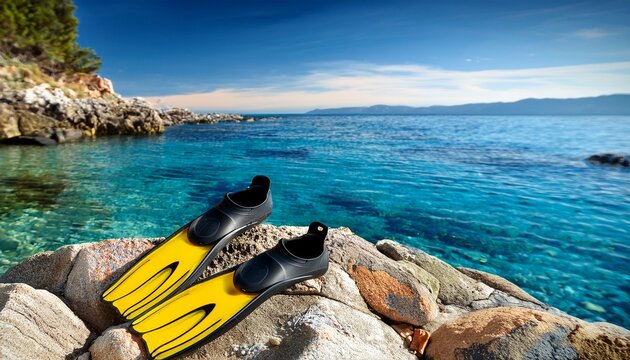 swim fins on rocky shore