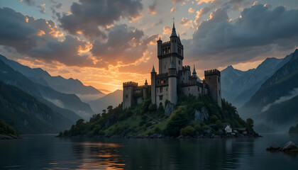 Majestic Stone Castle on a Lake with Dramatic Sunset Sky and Mountain Landscape
