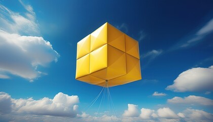 yellow cube shaped balloon floating in blue sky with clouds