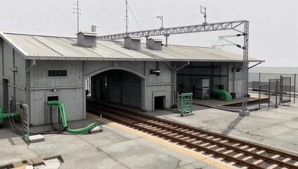 Industrial Railway Station Shed With Tracks And Equipment.