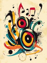 Retro music-inspired design with abstract notes, colorful speakers, and bold wavy lines