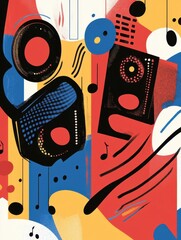 Retro music-inspired design with abstract notes, colorful speakers, and bold wavy lines