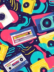 Retro pattern featuring cassette tapes, CDs, and floppy disks, surrounded by colorful squiggles 