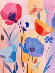 Retro-inspired floral pattern with poppies and cornflowers, soft pastel palette 