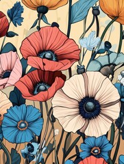 Retro-inspired floral pattern with poppies and cornflowers, soft pastel palette 