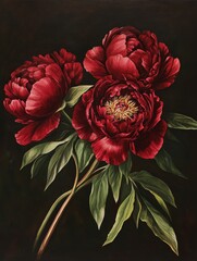 Rich crimson peonies with dark green stems and soft gold highlights, painted in a classic Renaissance style 