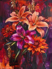 Rich magenta lilies and fiery red dahlias, painted with a mix of realistic and abstract elements