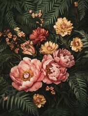 Rich pink peonies and golden dahlias, surrounded by soft ferns, depicted in a nostalgic vintage style