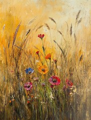 Romantic meadow scene with vibrant wildflowers and tall, wispy grasses, golden tones 