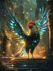 Rooster with multicolored glowing feathers, perched on a glowing zodiac pedestal 
