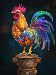Rooster with multicolored glowing feathers, perched on a glowing zodiac pedestal 