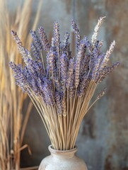 Rustic arrangement of dried lavender and wheat, vintage farmhouse vibes 